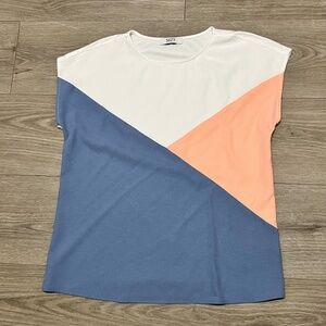 Suzy Women’s Colorblock Blouse Blue White Peach Short Sleeve Top Size Small